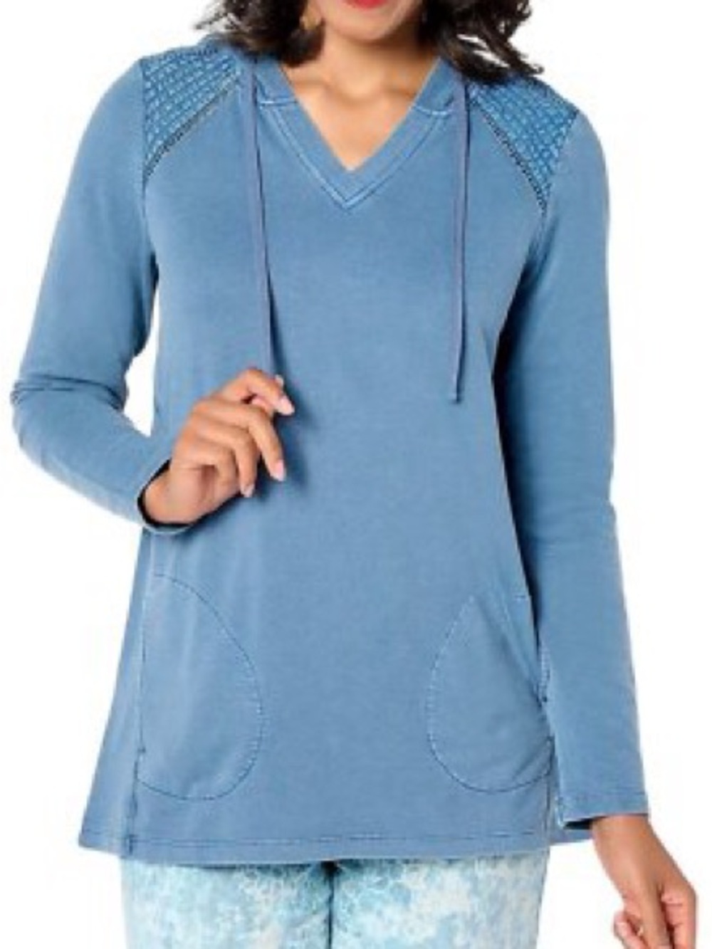 ** CLEAR OUT** LOGO by Lori Goldstein Dusty Blue Hooded V-Neck Pullover